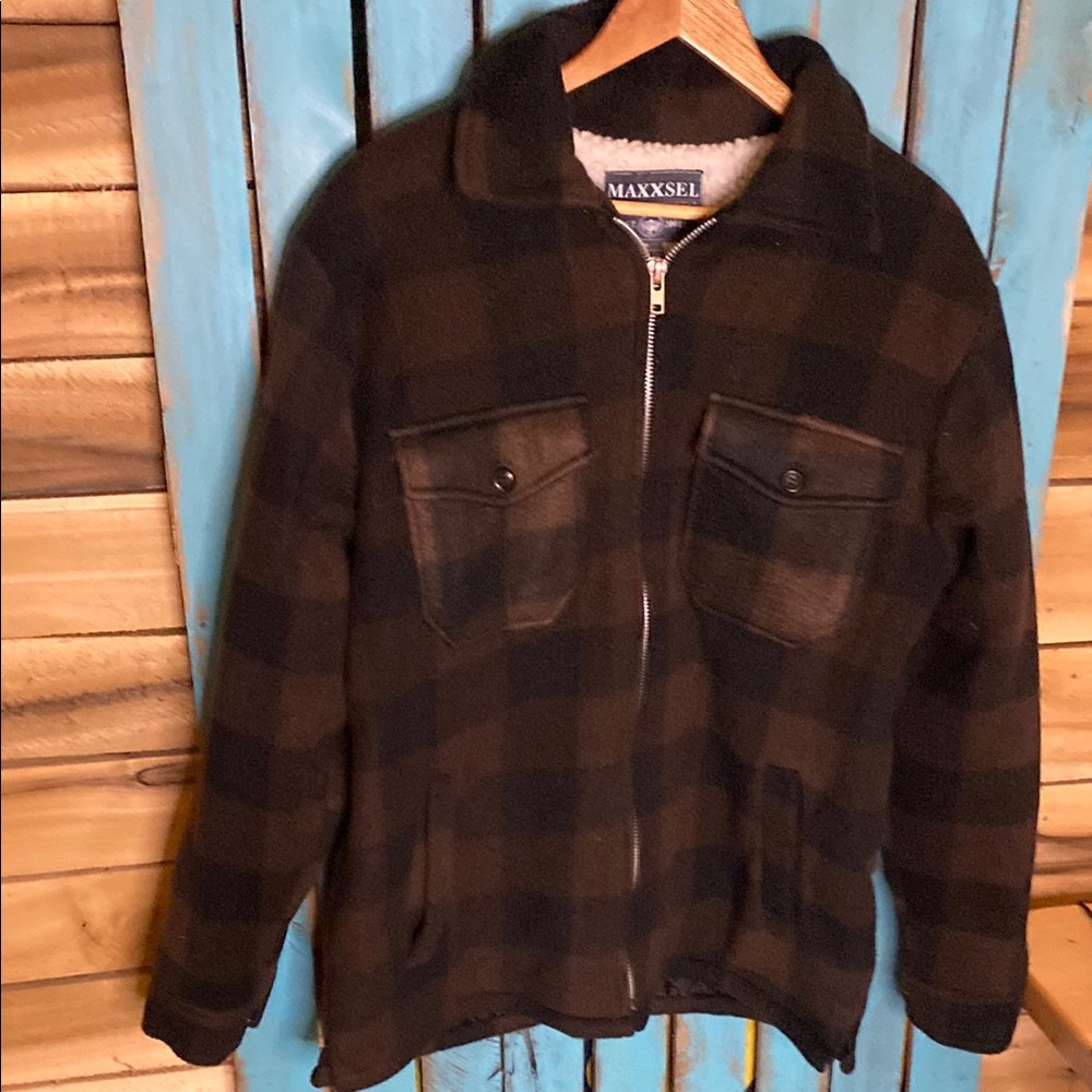 Maxxsel fleece lined Plaid Jacket size medium brown black polyester full zip